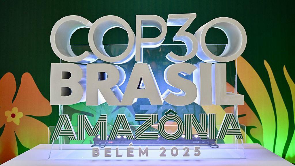 The illuminated logo for the COP30 climate meeting in Belem, Brazil at the pre-conference preparatory meeting. The logo reads "COP30, Brasil, Amazonia, Belem 2025" in white and black letters against a green background featuring tropical flowers. 