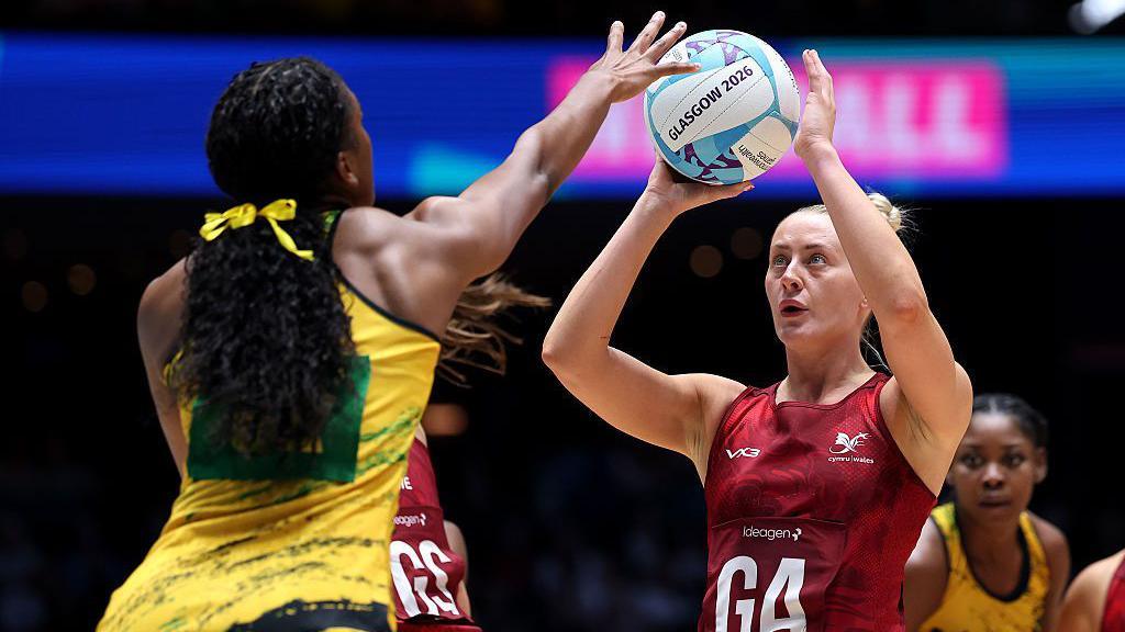 Phillipa Yarranton of Team Wales looks to shoot during the Preliminary Round Pool match between Team Jamaica and Team Wales