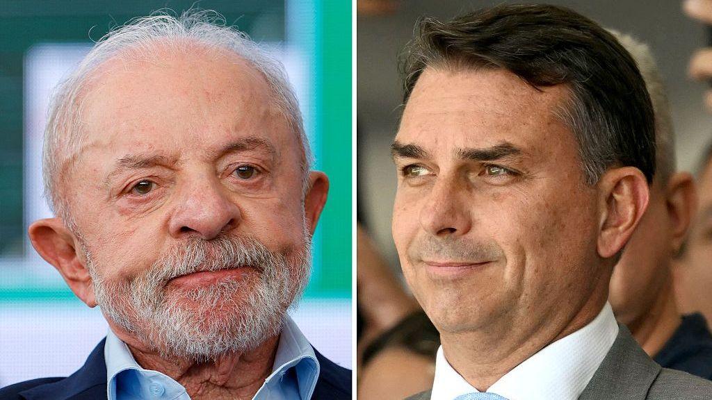 A split screen of Brazil's President Luiz Inacio Lula da Silva and Brazil's senator and presidential candidate Flavio Bolsonaro.