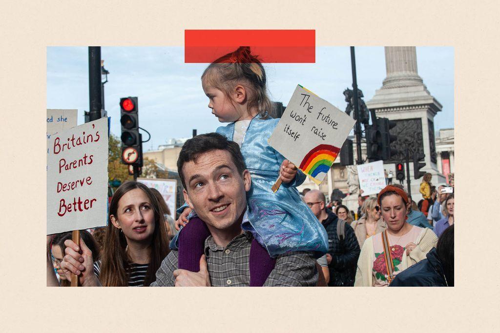 Parents and children join a childcare protest in London