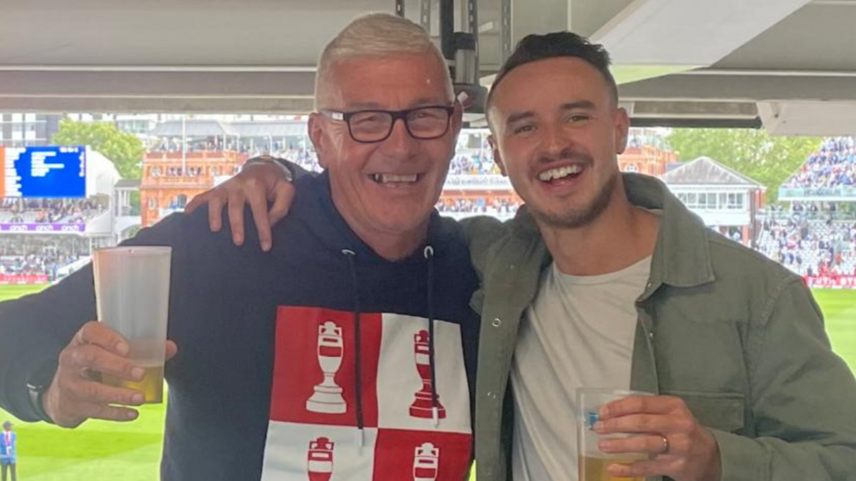 Former Barton Town goalkeeper James Hitchcock pictured with his dad, Chris, during a day out at the cricket