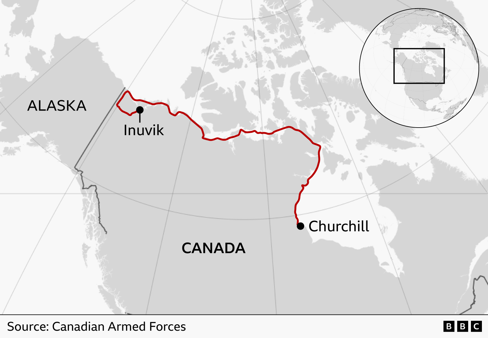 A black-and-white map of northern Canada and Alaska showing a red route line running from Inuvik in the Northwest Territories to Churchill on the shore of Hudson Bay. The path curves eastward across the Canadian Arctic
