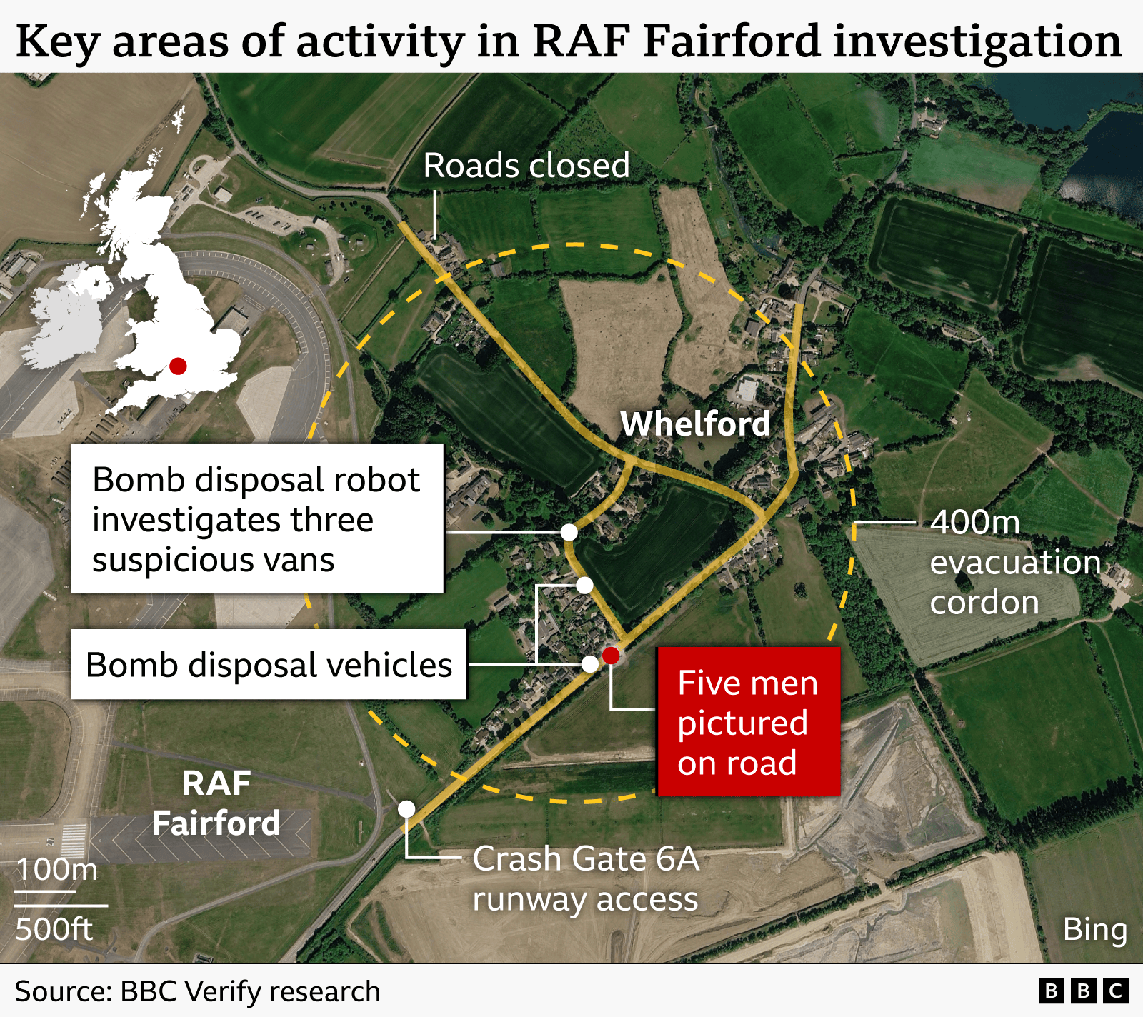 A map showing a map of RAF Fairford and the village of Whelford from a satellite view. A dotted line shows the 400m evacuation cordon around where the three suspicious vans were found and where the bomb disposal operates. Also labelled on the map are closed roads throughout the cordoned area and a point towards the south of the permiter where the five men arrested were pictured on the road. 