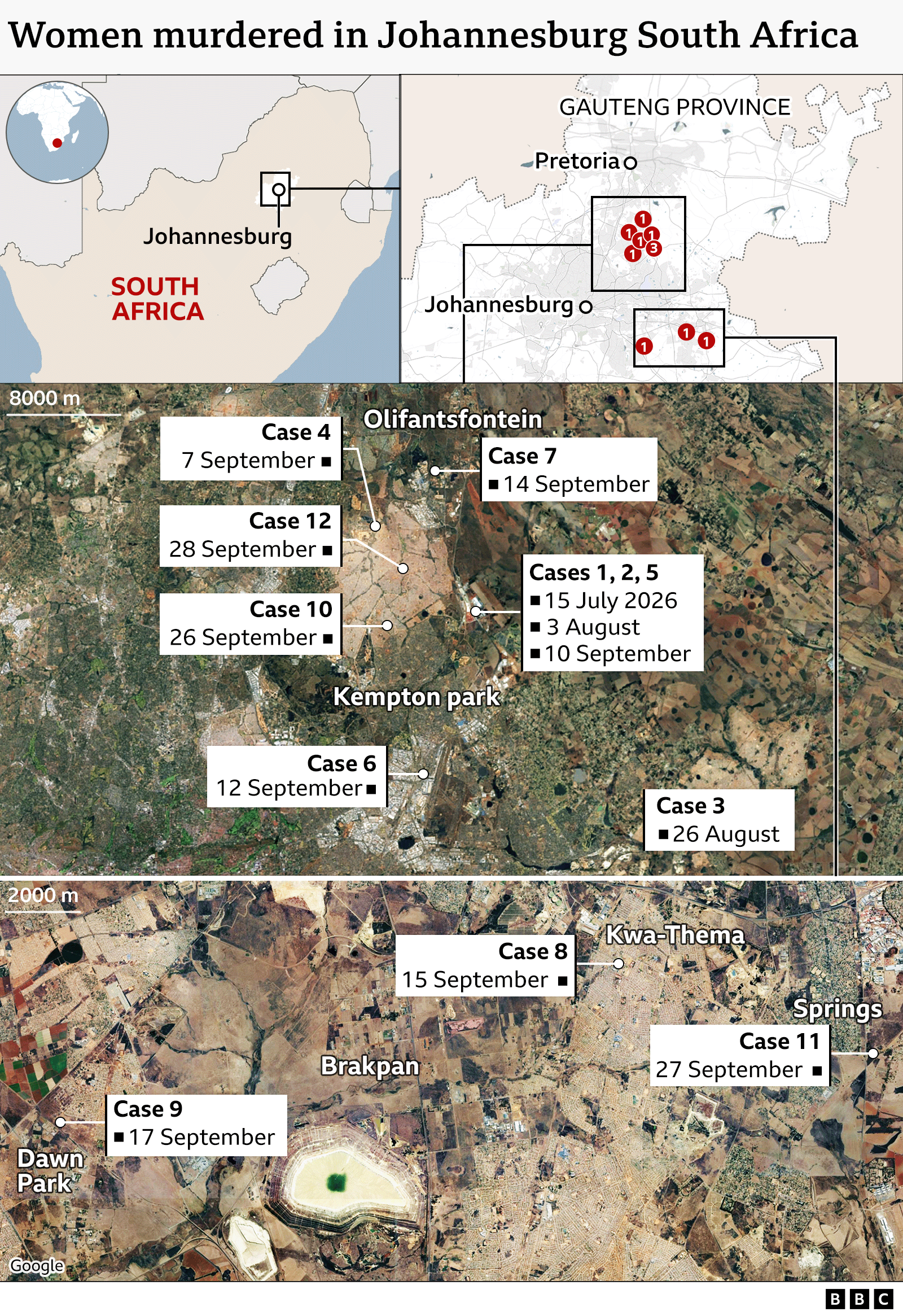 A graphic showing the locations of where the bodies were found.