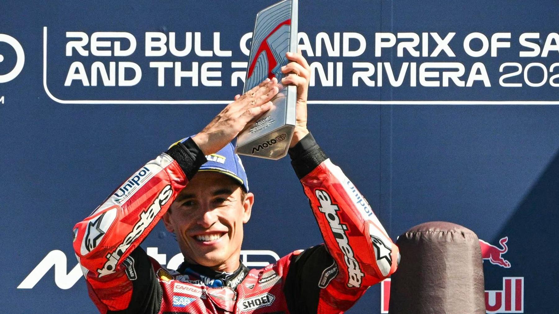 Marc Marquez celebrates winning the San Marino MotoGP