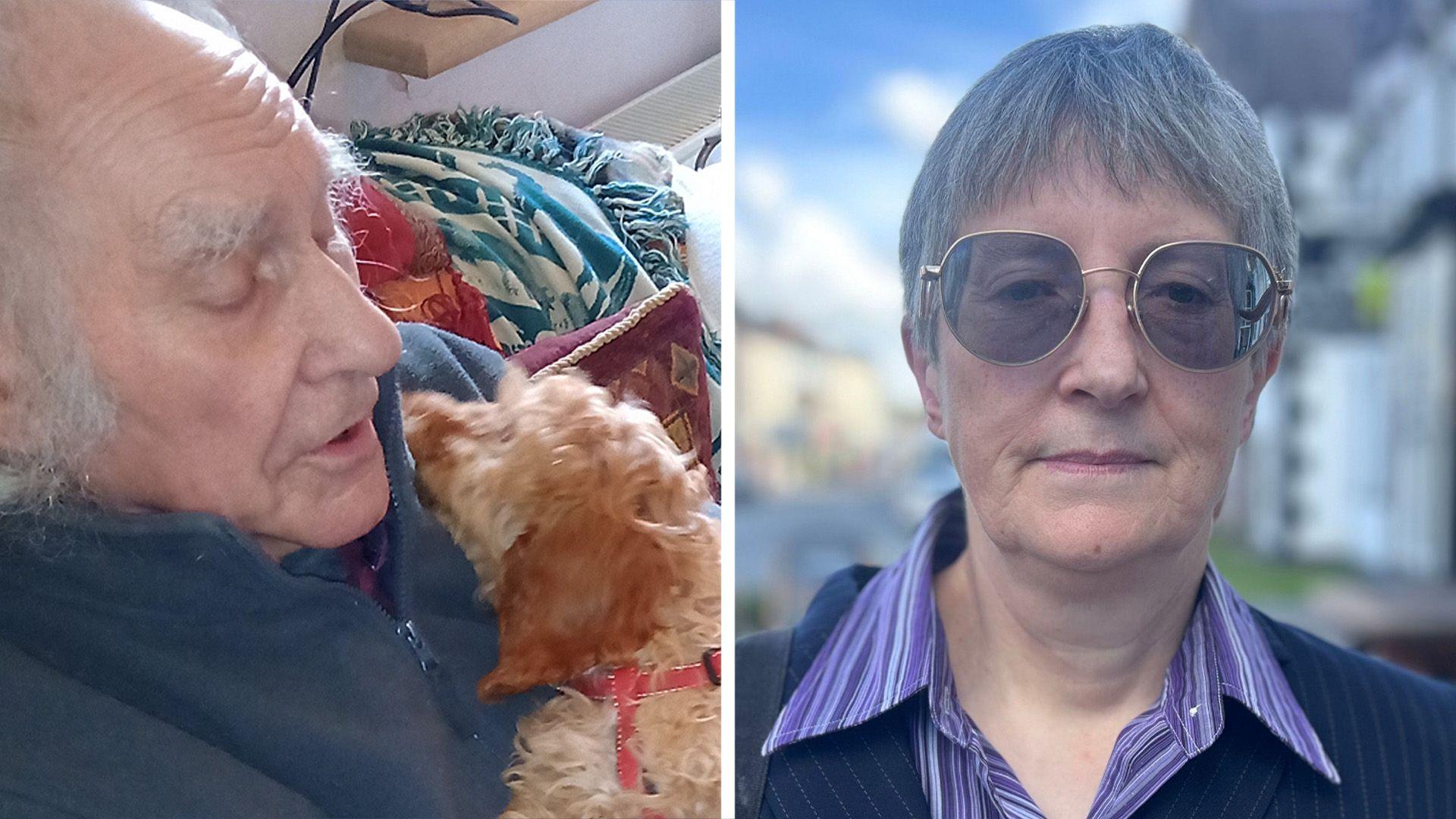 A comp image of Paul Baxter, an elderly man with grey hair, in a grey quarter zip jumper holding a small dog with a red collar. Kate is wearing glasses, a purple stripped shirt and blazer.