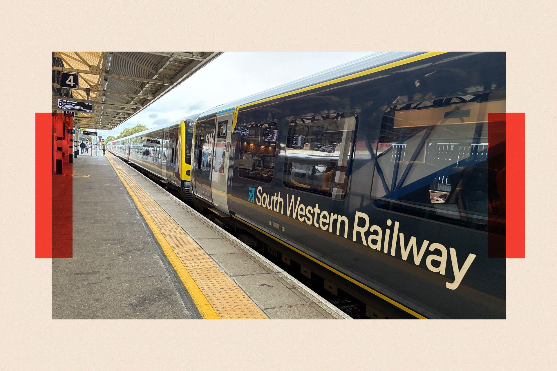 A South Western Railway train, viewed from the platform of Woking station