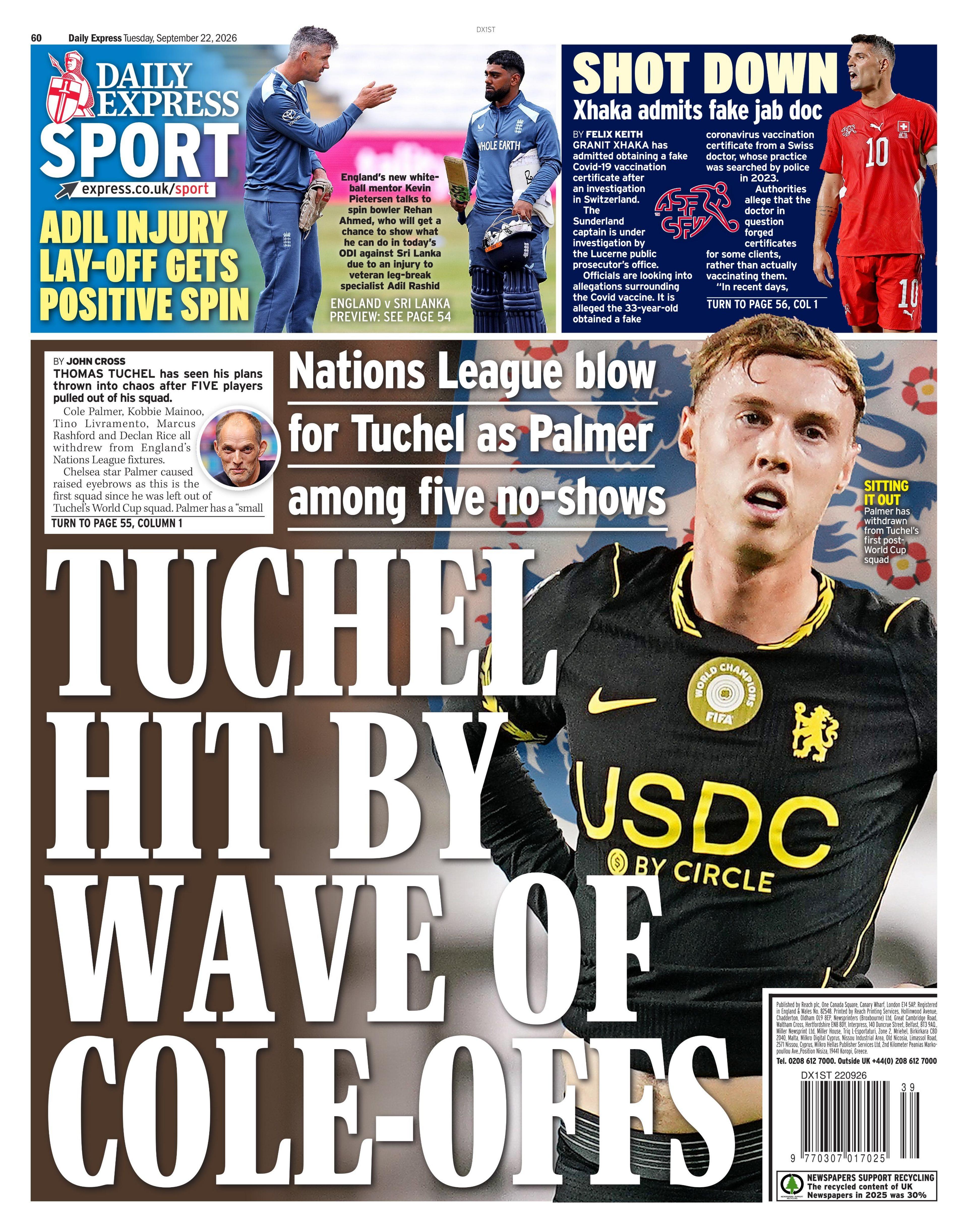 Back page of Daily Express leading on 'Tuchel hit by wave of Cole-offs'
