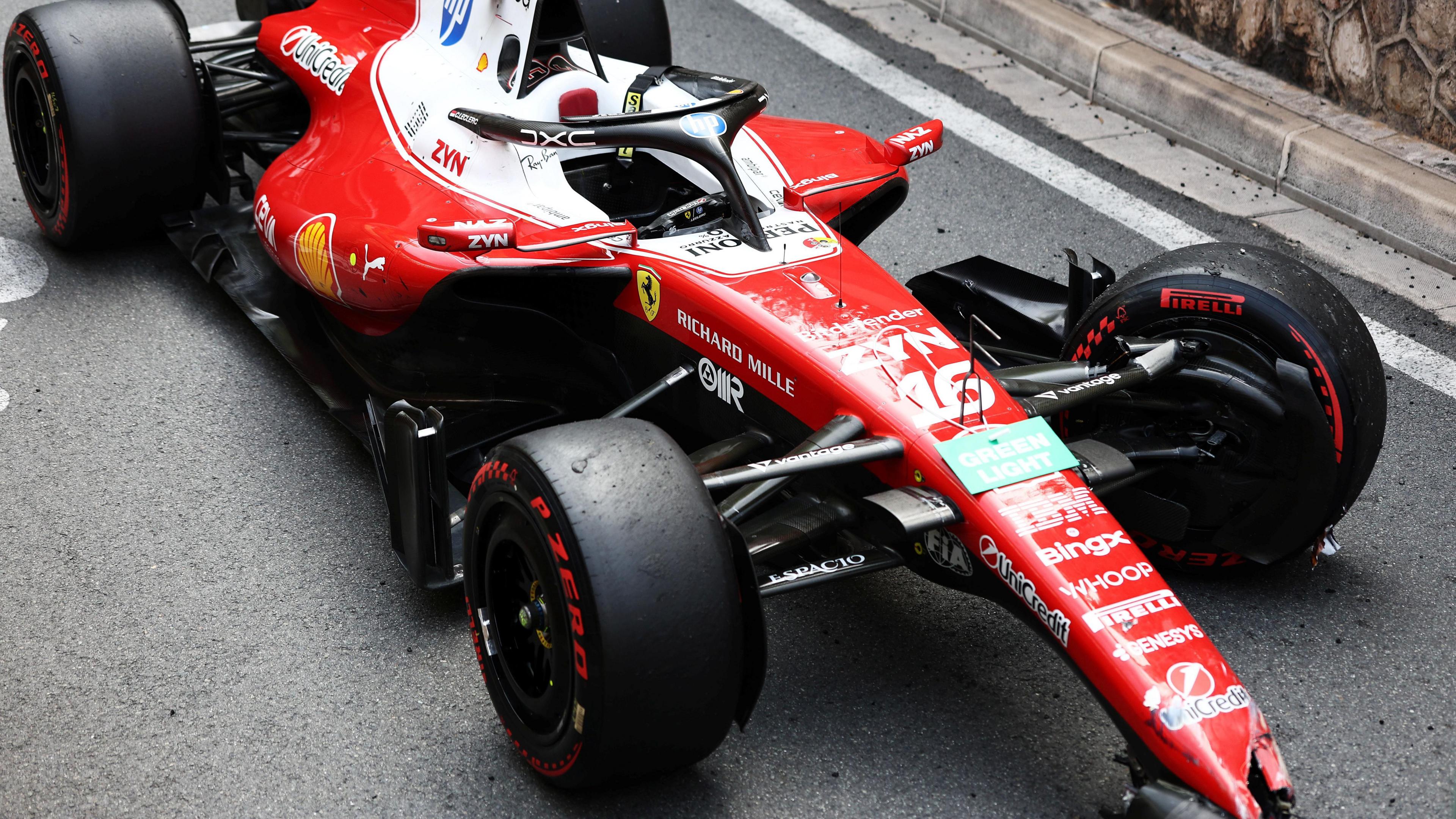 The damaged Ferrari of Charles Leclerc, with a broken front wing, after he crashed out of the Monaco Grand Prix