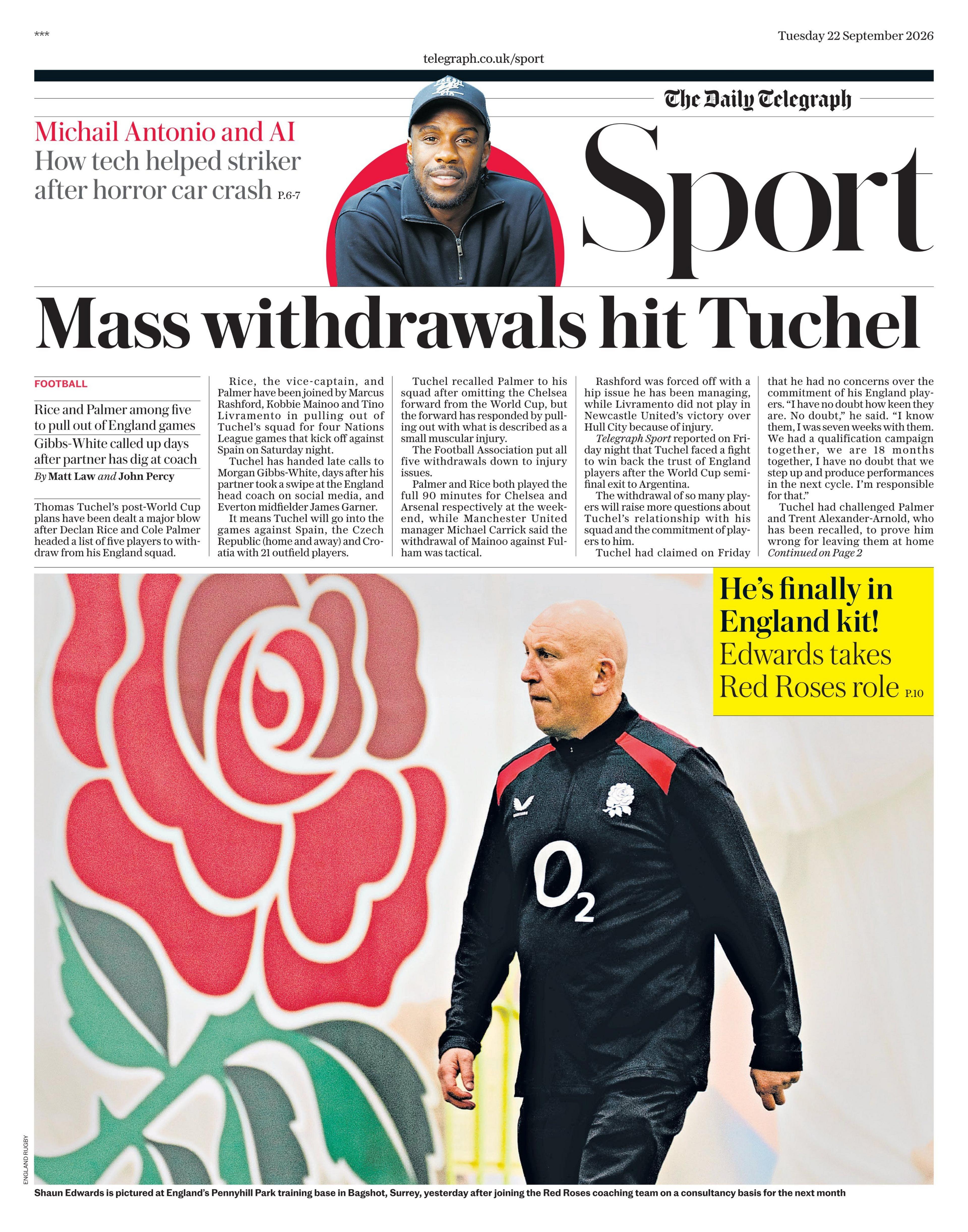Lead sport page of the Telegraph leading on 'Mass withdrawals hit Tuchel'