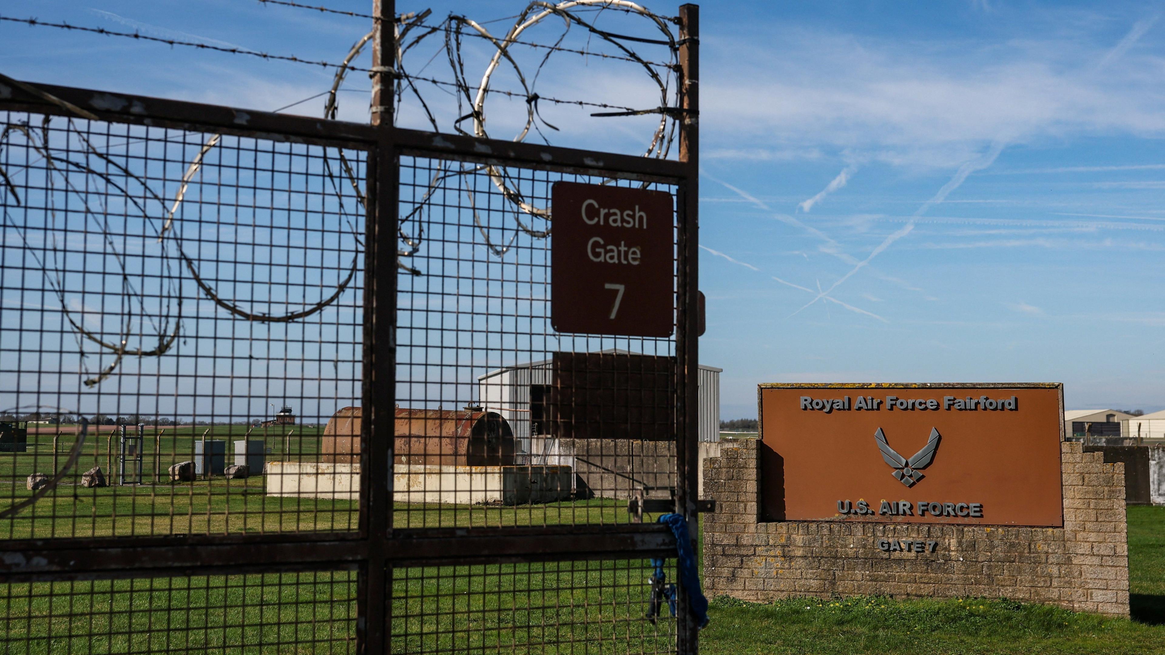 A sign at RAF Fairford airbase, amid the U.S.-Israel conflict with Iran, in Fairford