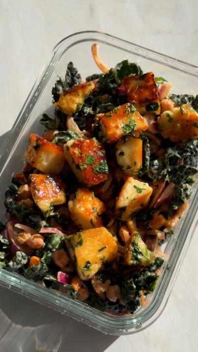 Halloumi and vegetables in a glass dish