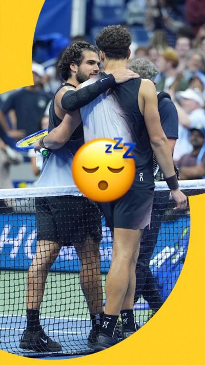 Ben Shelton and Carlos Alcaraz embrace with snoring emoji overlaying them