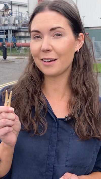 A woman with shoulder length brown hair. She is wearing a blue top and holding a peg. 