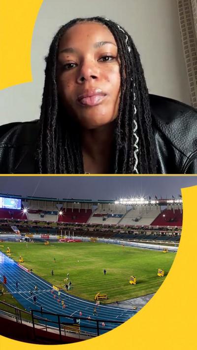 A split screen of Amber Anning and the Moi International Sports Centre in Nairobi, which will host the 2029 World Athletics Championships.