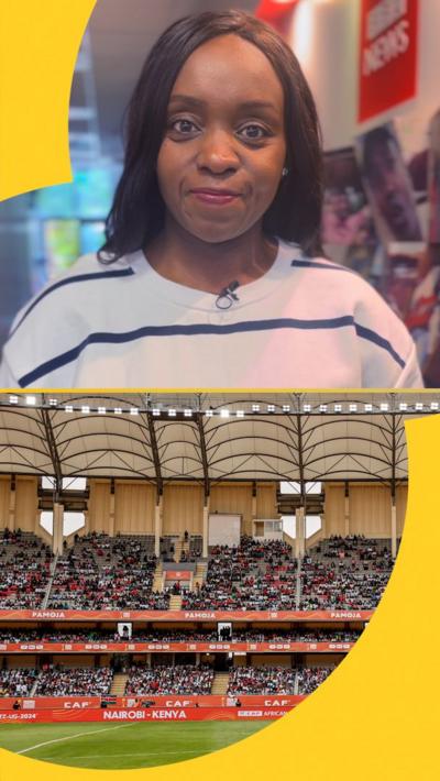 A split screen of Celestine Karoney and the Kasarani Stadium in Nairobi.