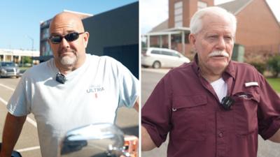 A splitscreen of a man in a white tee and sunglasses on the left and a man in a burgundy shirt with white hair on the right. 