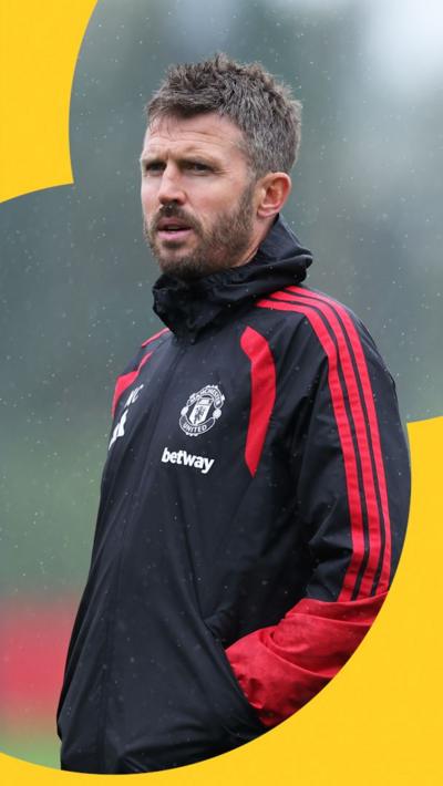 Manchester United manager Michael Carrick. He is wearing a black and red Manchester United training top.