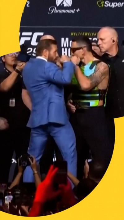 Conor McGregor and Max Holloway at UFC 329 face-off