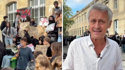 Left, a number of students protesting. Right, a man in a linen shirt speaks to camera.