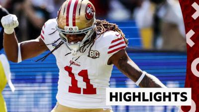 San Francisco wide reciever Damarcus Robinson celebrates a touchdown