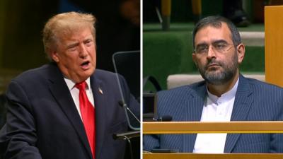 Split screen. Left, Donald Trump. Right, Iran representative in the UN.
