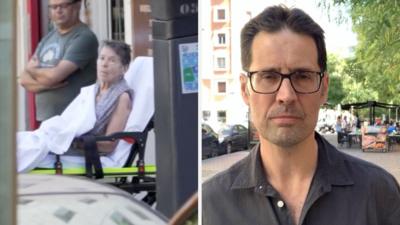 A split screen image of a woman on a wheeled-stretcher on the left. Guy Hedgecoe on the right.