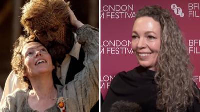 Olivia Colman alongside Alexander Skarsgård in costume split screen with Olivia Colman at a film festival.