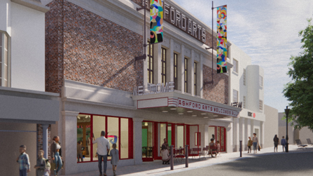 An artist's impression of how an art-deco style cinema building could look from the outside. It is a brick building with white stone art deco features and outside there are people on the pavement in front of red-framed doors and windows.