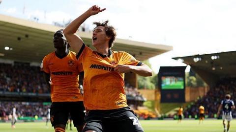 Wolves striker Fer Lopez celebrates scoring the only goal of the Black Country derby against West Bromwich Albion at Molineux (20 September 2026)