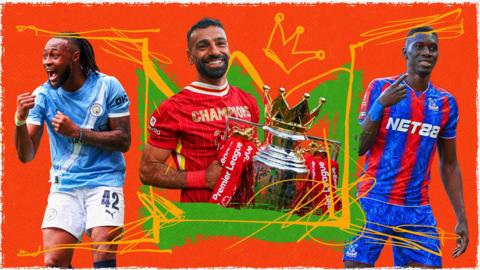 A colourful composite design features a smiling Mohamed Salah in the middle, holding the Premier League trophy across his torso, Antoine Semenyo to Salah's left and Ismaila Sarr on his right. Semenyo is shouting and gesticulating with his fists while wearing Manchester City home colours, with a light blue shirt with a white sash running across the front and white shorts. Salah is visible from waist up in a red Liverpool shirt which he is wearing back to front and which has the word 'champions' written in gold lettering across its top. Sarr is holding up his right hand and extending his index finger to point while wearing Crystal Palace home colours, with a shirt featuring wide red and blue vertical stripes and blue shorts. The design palette features an orange background, green central section around Salah in the shape of a three-pointed crown and untidy yellow lines sketched across it to create divides around Semenyo and Sarr, as well as another doodle of a three-pointed crown near Salah's head