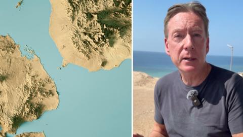 Split screen image. Map showing Bab al-Mandab Strait (l) and Frank Gardner (r)