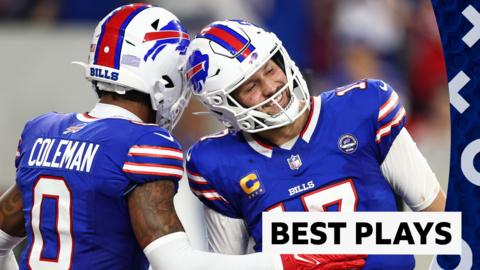 Josh Allen celebrates a touchdown with Keon Coleman