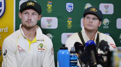 Cameron Bancroft, left, and Steve Smith speak to journalists after the Cape Town Test in 2018