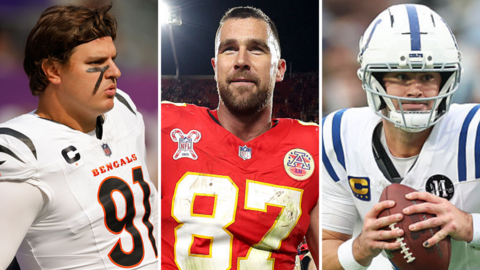 A split picture of Trey Hendrickson, Travis Kelce and Daniel Jones