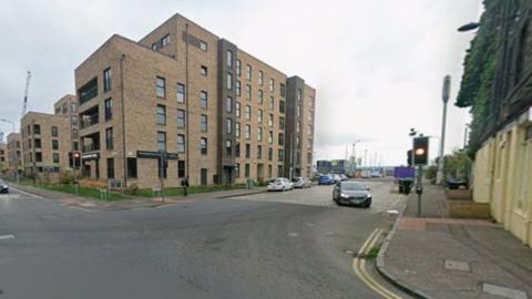 Salamander Street at its junction with Bath Road in Leith, Edinburgh
