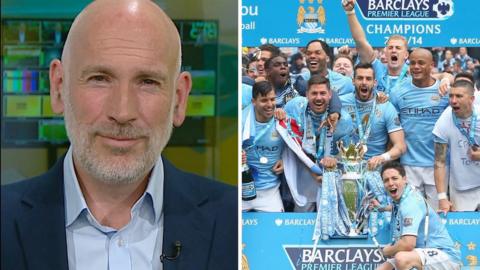 Composite image of Dan Roan and Manchester City players holding a trophy