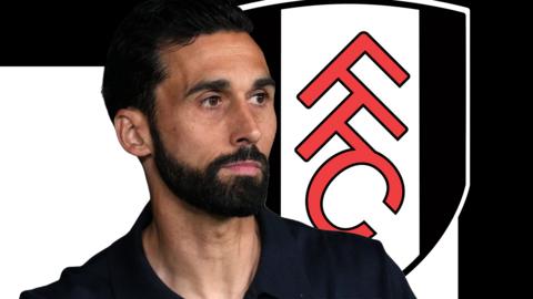 A graphic of Alvaro Arbeloa in front of a black and white background and the Fulham club badge