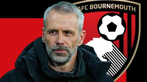 Marco Rose in front of a red and black background and the Bournemouth club badge