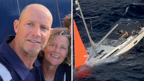 Left, Jeremy and Gemma Cooper. Right, their ship sinking into the water.