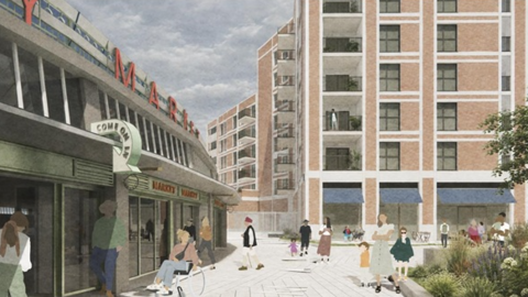 An artist's illustration shows people walking and sitting in a landscaped courtyard between a market and tall apartment buildings. The market displays large red "market" lettering at the top of one of the buildings.