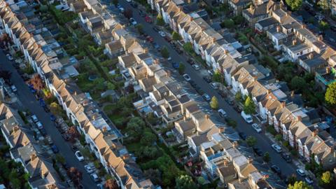 Aerial view of rows of terraced houses