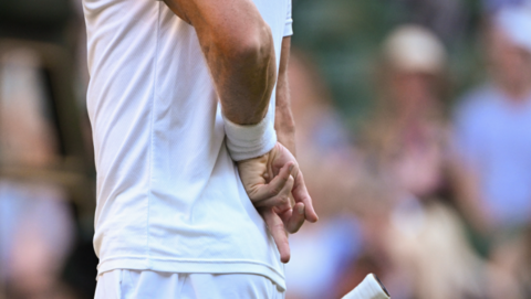 A player signals behind their back during Wimbledon by pointing down with their middle finger