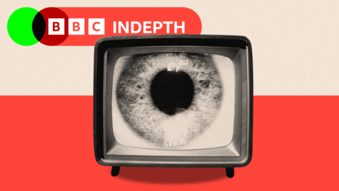 A treated image showing an old TV screen with a close up eye