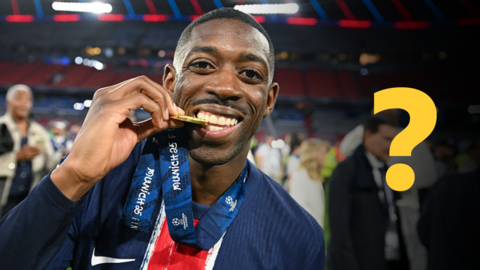 Ousmane Dembele of Paris Saint-Germain bites his Winners Medal after his team's victory in the Champions League