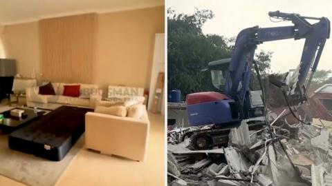 Split screen of a furnished living room and a crane demolishing a building.