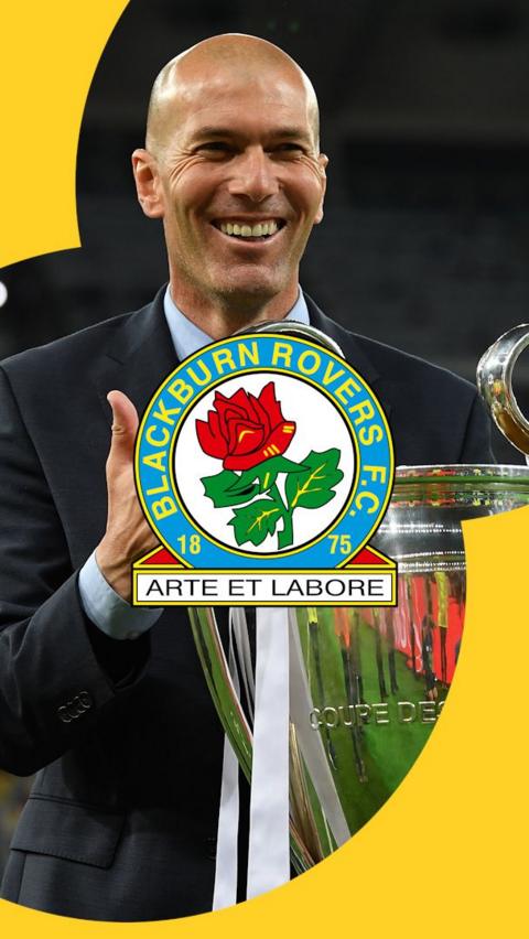 Zinedine Zidane smiles with Blackburn Rovers badge over him