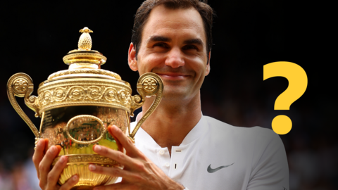 Roger Federer holding the Wimbledon trophy with a yellow question mark overlayed