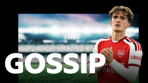 Graphic with the word gossip written in white capitals along the bottom and a picture of Max Dowman, wearing a red Arsenal shirt with white sleeves and applauding with his hands at chest height, on the right