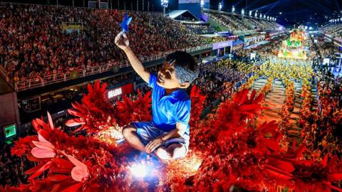 Members of Acadêmicos de Niterói perform during 2026 Carnival parades at Sapucai Sambodrome on February 15, 2026 in Rio de Janeiro, Brazil.